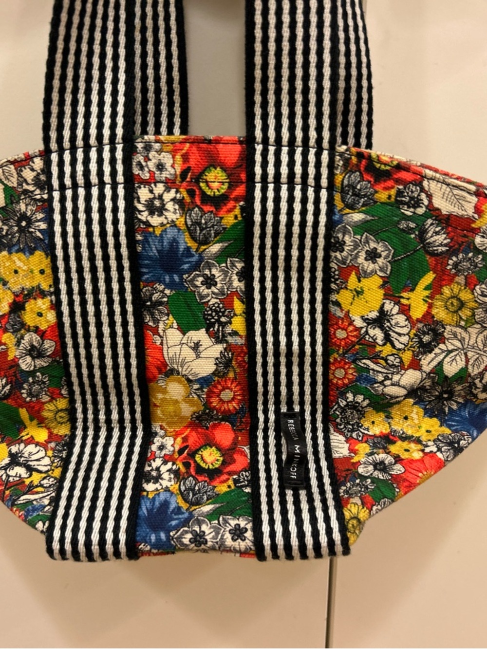 Rebecca Minkoff Fan colorful floral canvas print black white striped handles